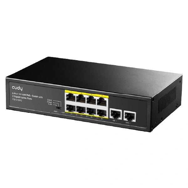 FS1010P 8-პორტიანი PoE+ სვიჩი 10/100M, 2 Uplink პორტით 120W