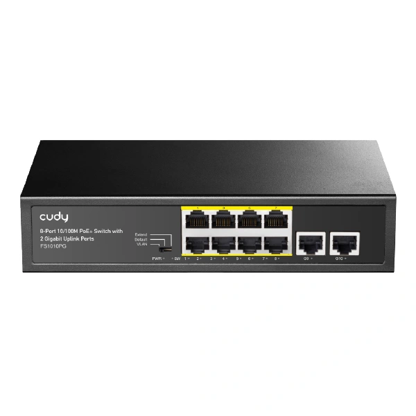 FS1010P 8-პორტიანი PoE+ სვიჩი 10/100M, 2 Uplink პორტით 120W