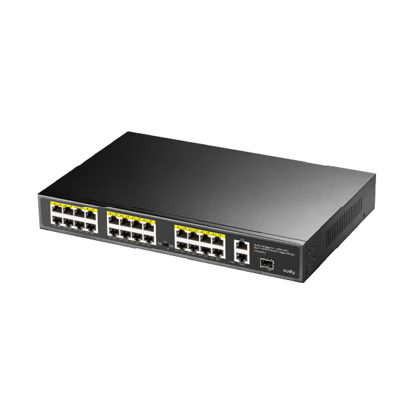 FS1026PS1 24-პორტიანი PoE+ სვიჩი 10/100M, 2 გიგაბიტიანი პორტით და 1 SFP სლოტით 300W