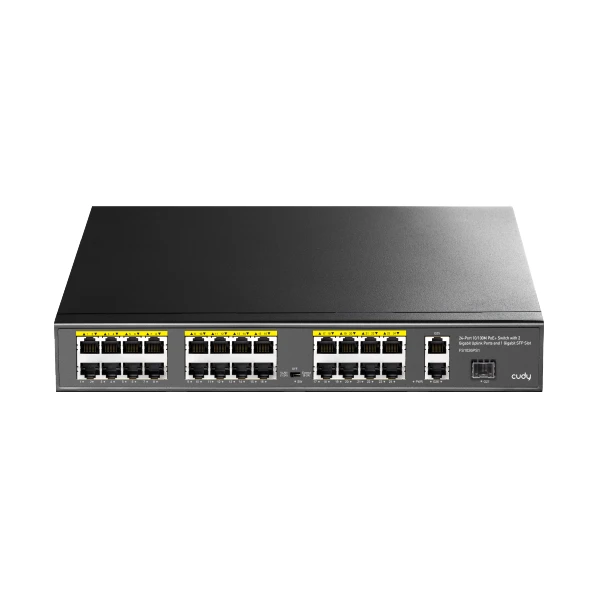 FS1026PS1 24-პორტიანი PoE+ სვიჩი 10/100M, 2 გიგაბიტიანი პორტით და 1 SFP სლოტით 300W