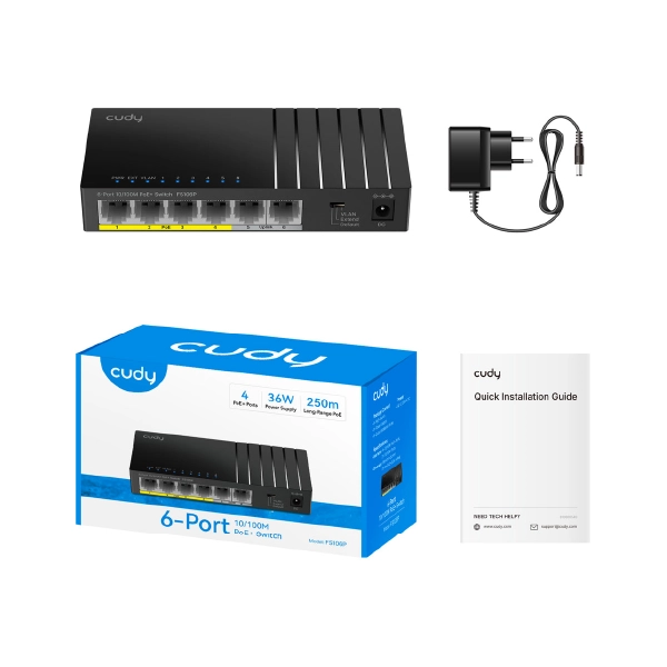 FS106P 4-პორტიანი PoE+ სვიჩი 10/100M, 36W, +2 Uplink